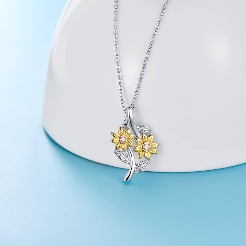 Sterling Silver Two-tone Cubic Zirconia Sunflower Sisters Pendant Necklace