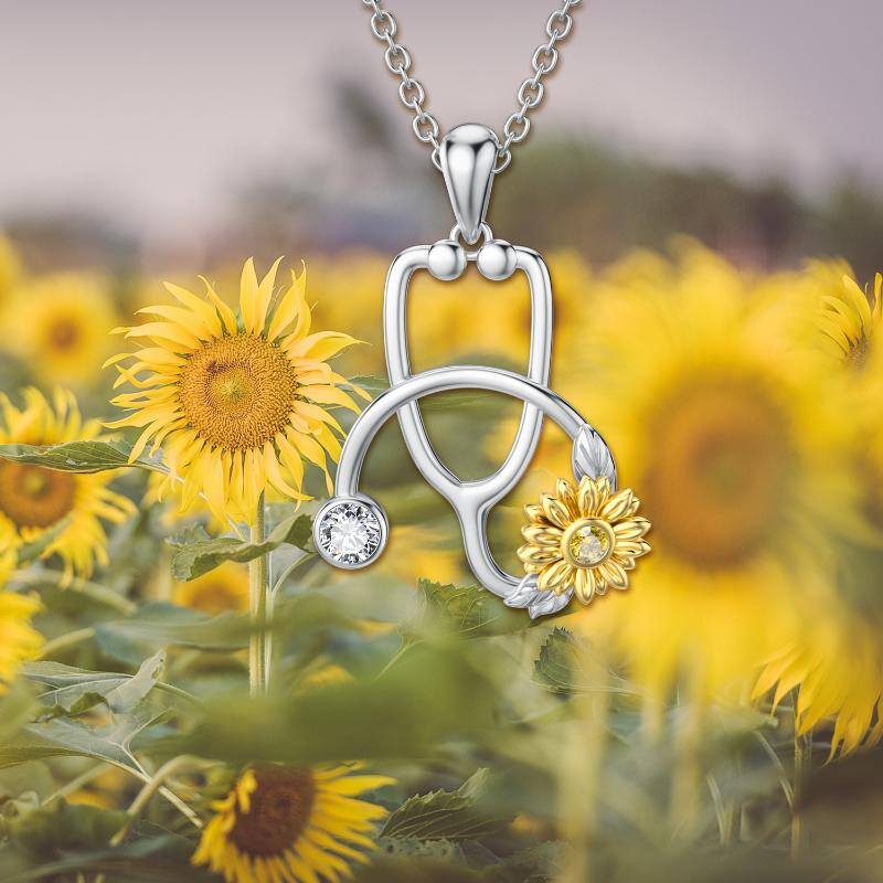 Sterling Silver Two-tone Clear Cubic Zirconia Sunflower & Stethoscope Pendant Necklace