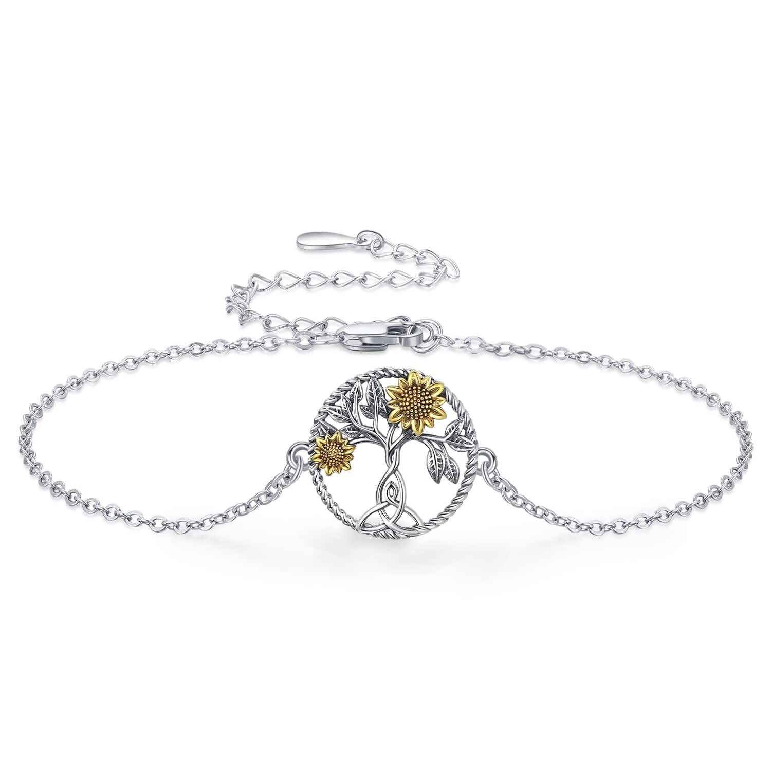 Sterling Silver Two-Tone Sunflower & Tree Of Life Charm Bracelet For Women