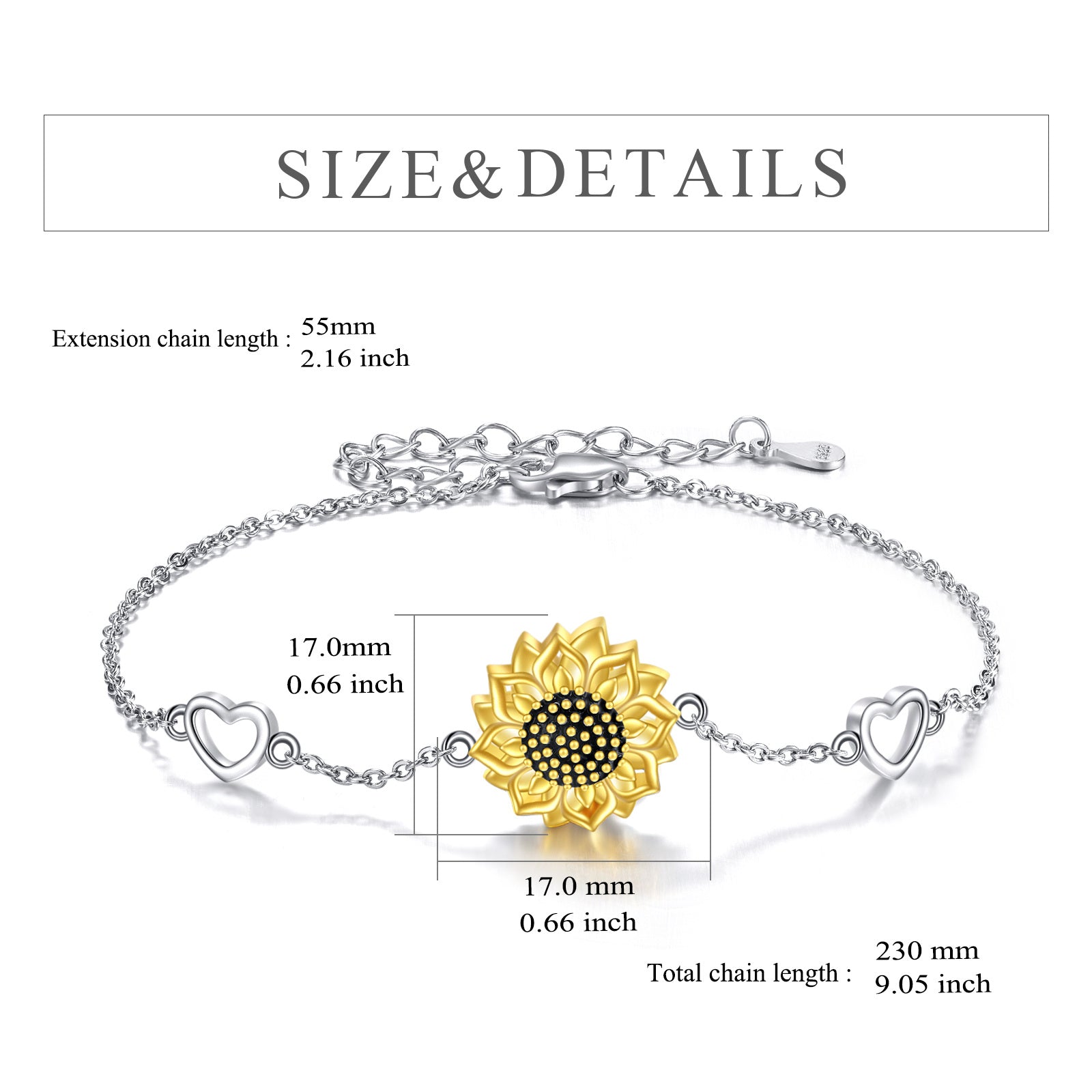 Sterling Silver Two-tone Sunflower Urn Bracelet for Ashes Adorned with Heart