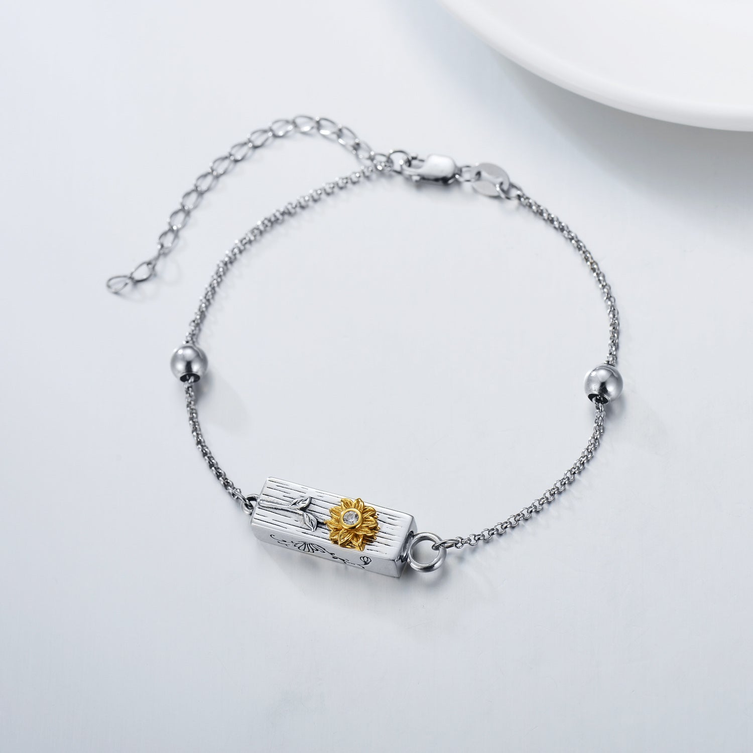 Sterling Silver Two-tone Cubic Zirconia Sunflower Urn Bracelet for Ashes