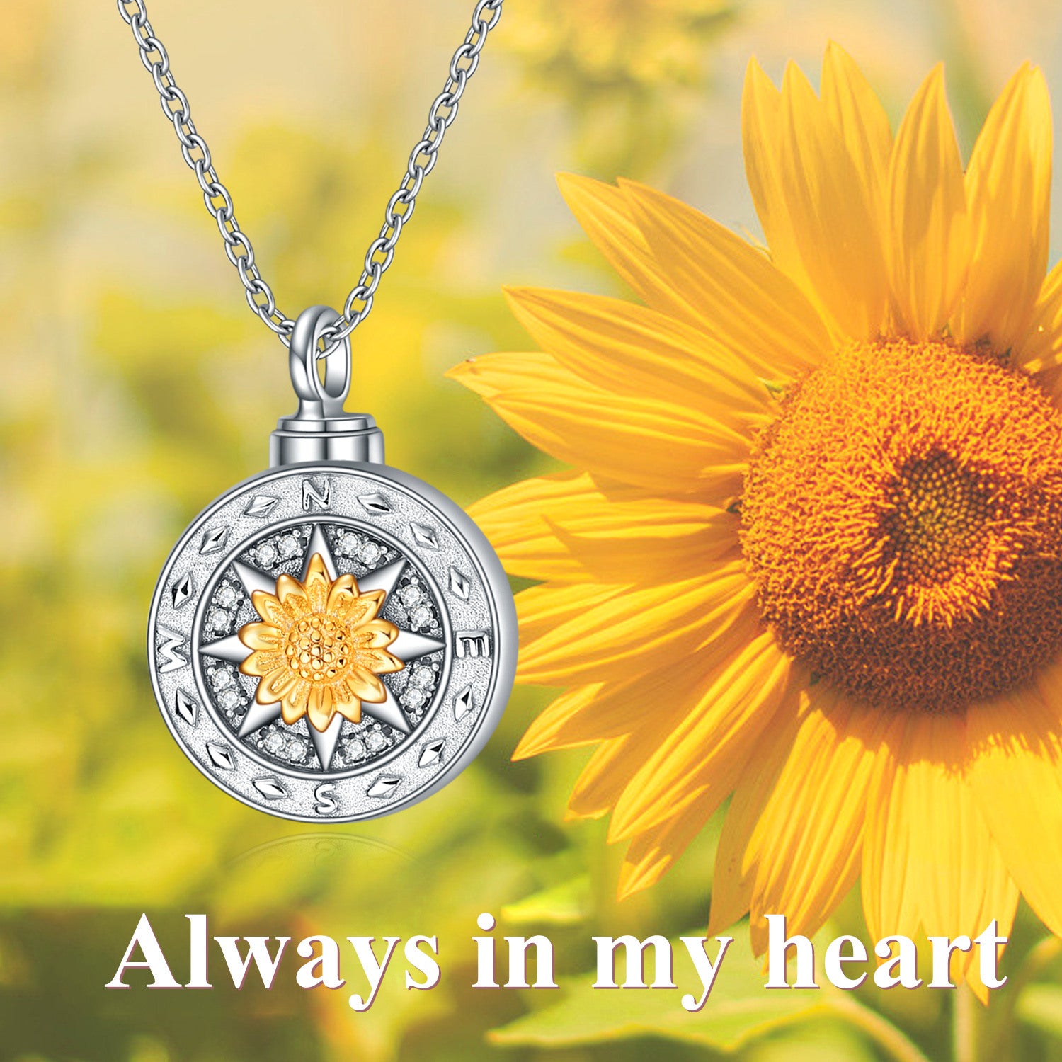 Sterling Silver Two-tone Cubic Zirconia Sunflower Urn Necklace for Ashes