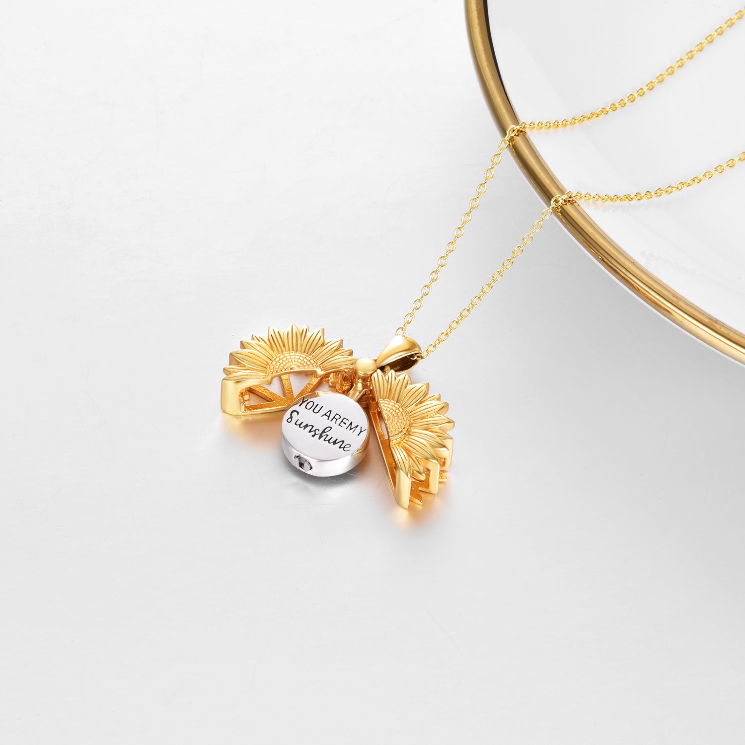 Sterling Silver Two-tone Sunflower You Are My Sunshine Cremation Urn Necklace for Ashes