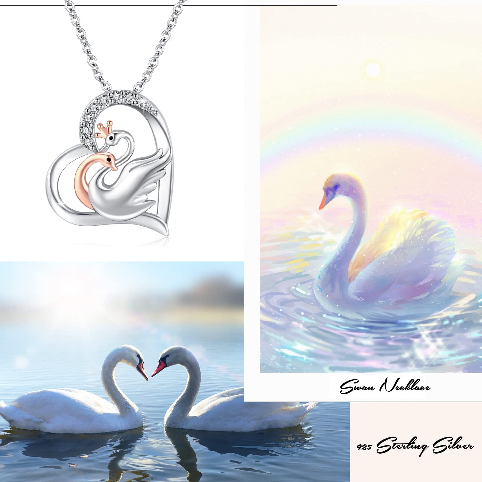 Sterling Silver Two-tone Cubic Zirconia Swan Pendant Necklace