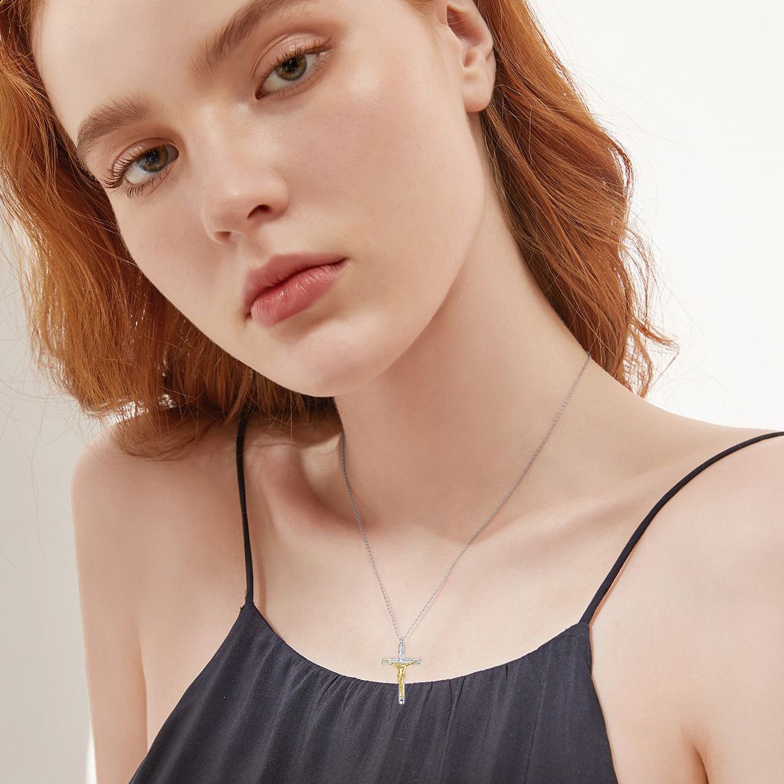 Sterling Silver Two-tone Textured Cross Jesus Urn Necklace for Ashes