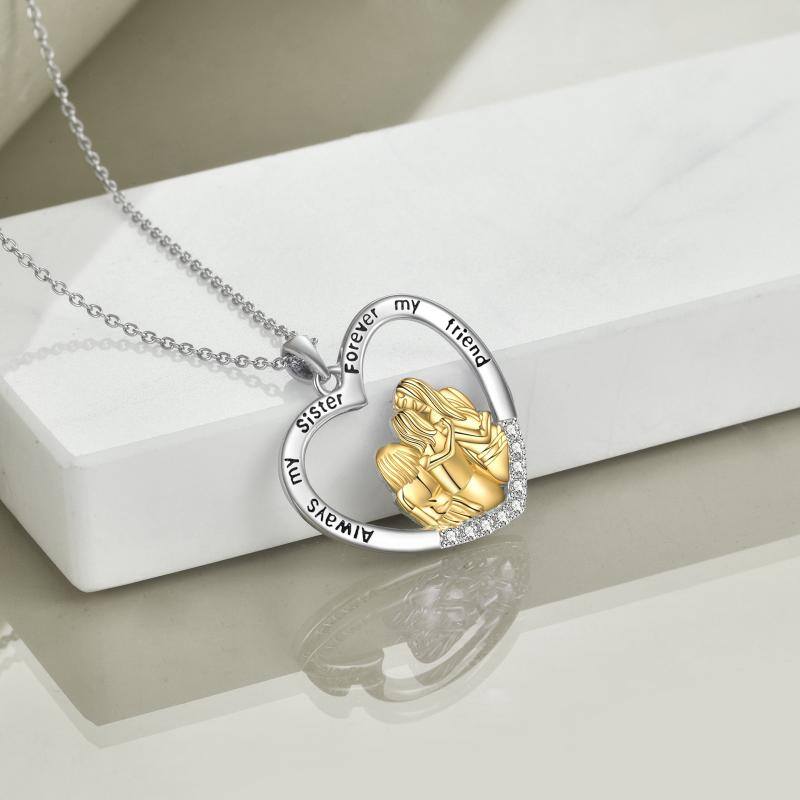 Sterling Silver Two-tone Cubic Zirconia Three Sisters & Heart Pendant Necklace