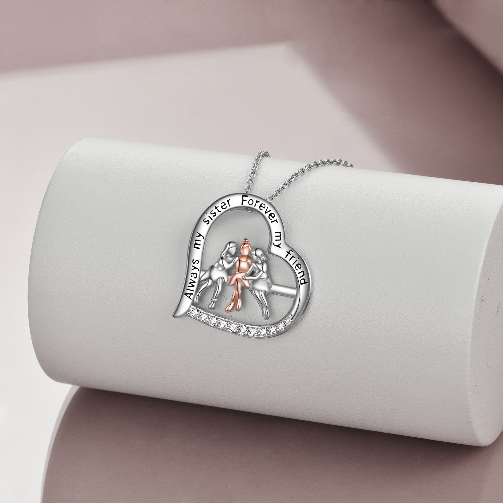 Sterling Silver Two-tone Three Sisters & Heart Pendant Necklace with Engraved Word