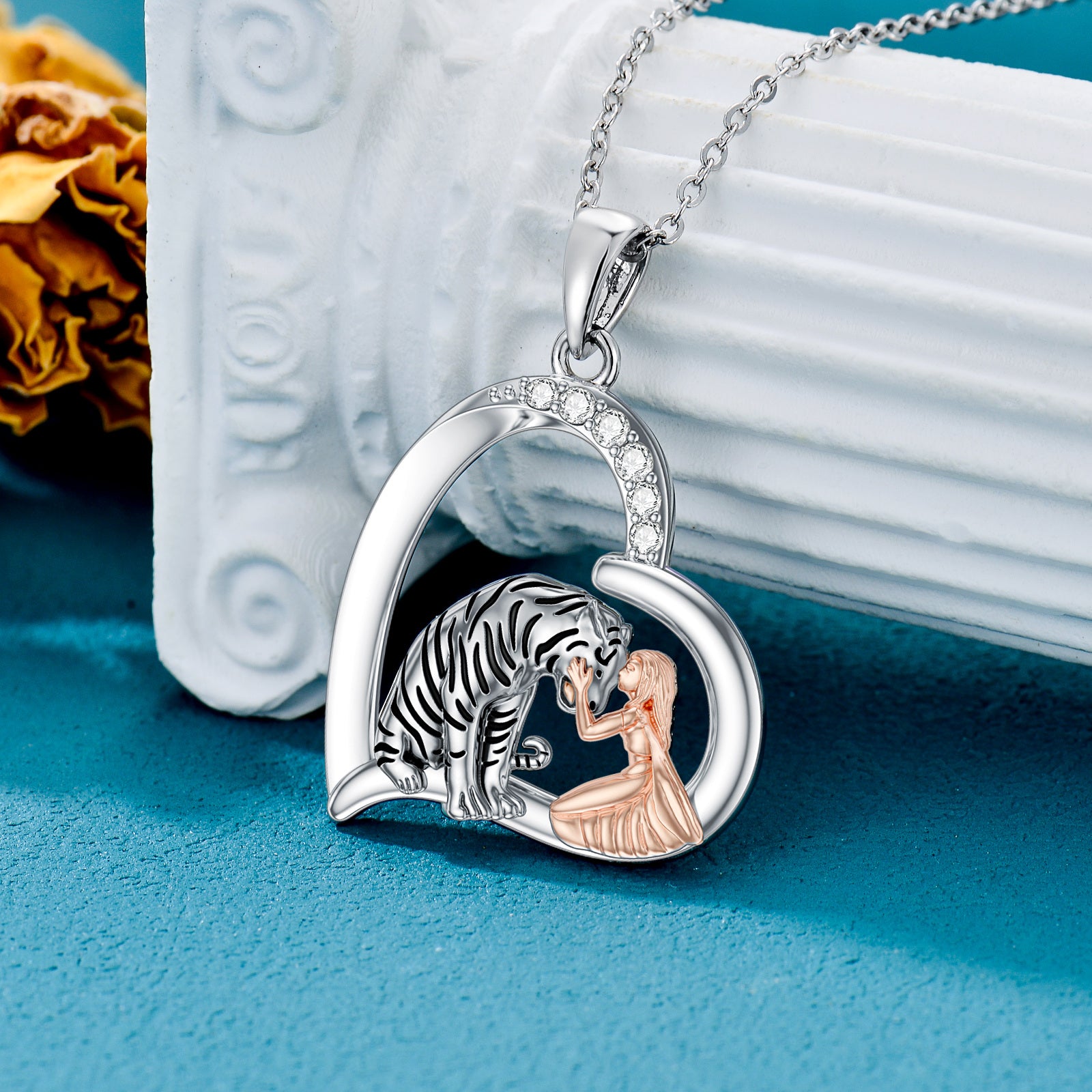 Sterling Silver Two-tone Cubic Zirconia Tiger & Heart Pendant Necklace