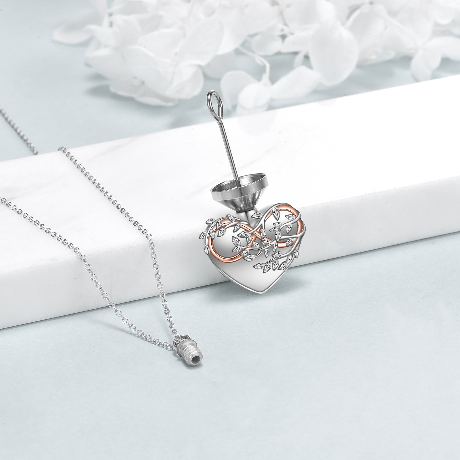 Sterling Silver Two-Tone Tree Of Life & Heart With Infinity Symbol Urn Necklace For Ashes