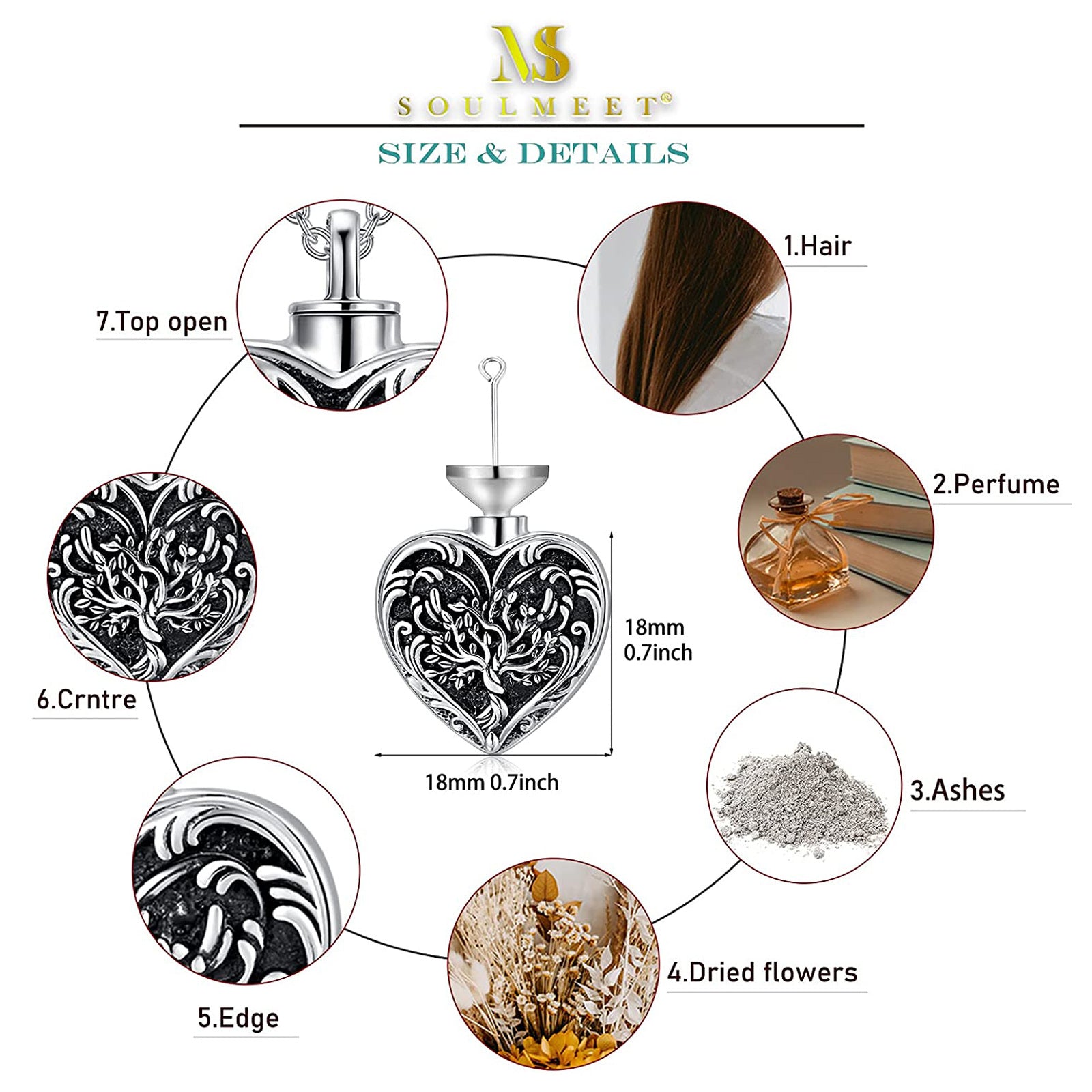 Sterling Silver Two-tone Tree Of Life & Heart Urn Necklace for Ashes with Engraved Word
