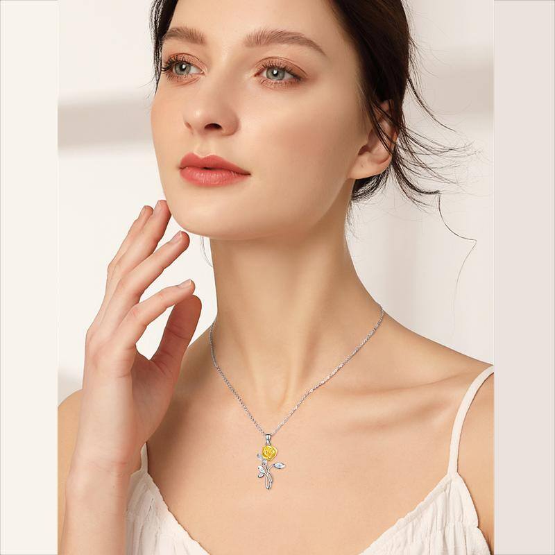 Sterling Silver Two-tone Zirconia Yellow Rose Pendant Necklace