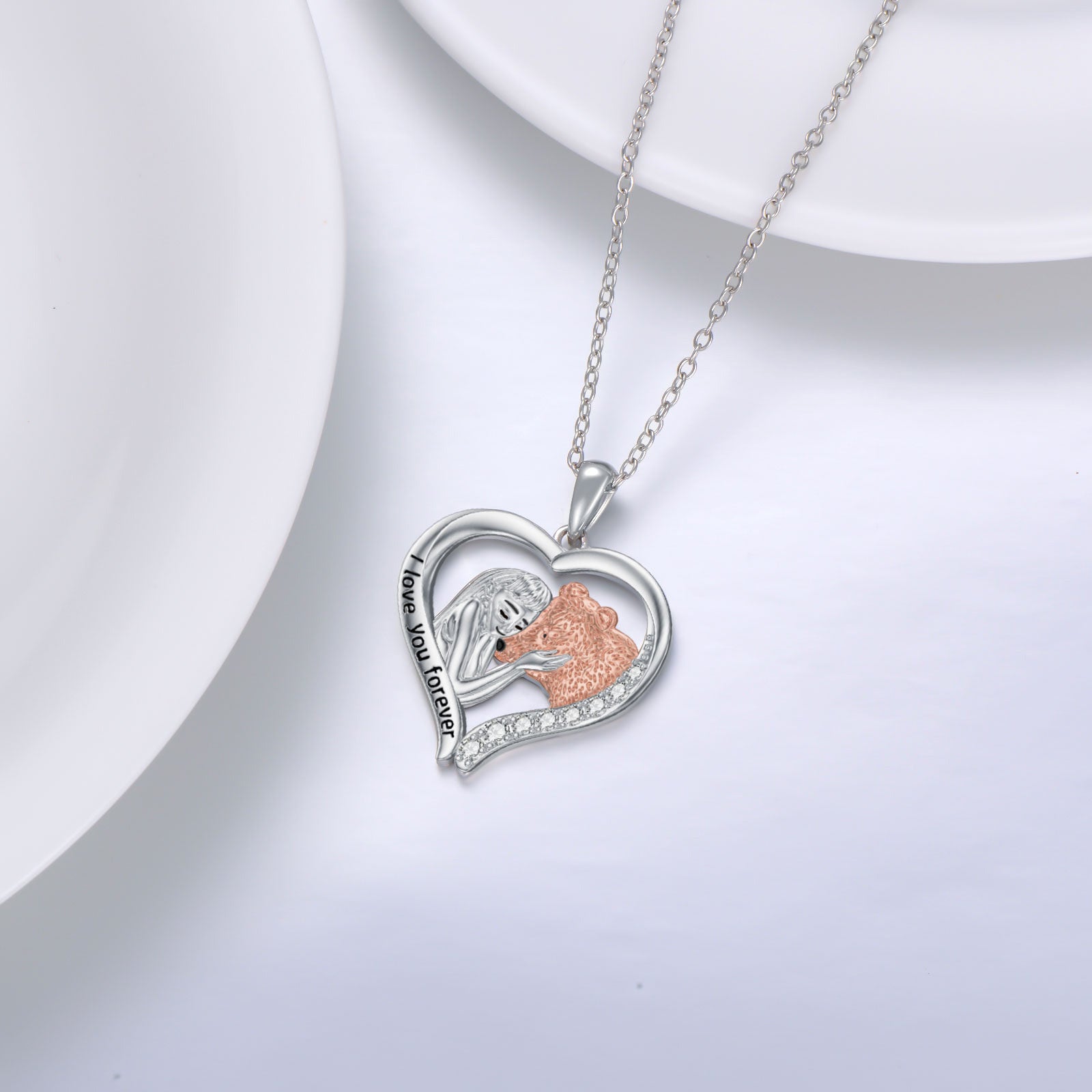 Sterling Silver Two-tone Zircon Bear Pendant Necklace with Engraved Word