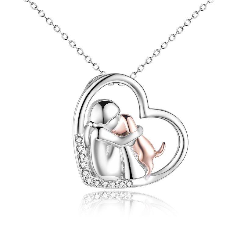 Sterling Silver Two-tone Zircon Dog & Heart Pendant Necklace