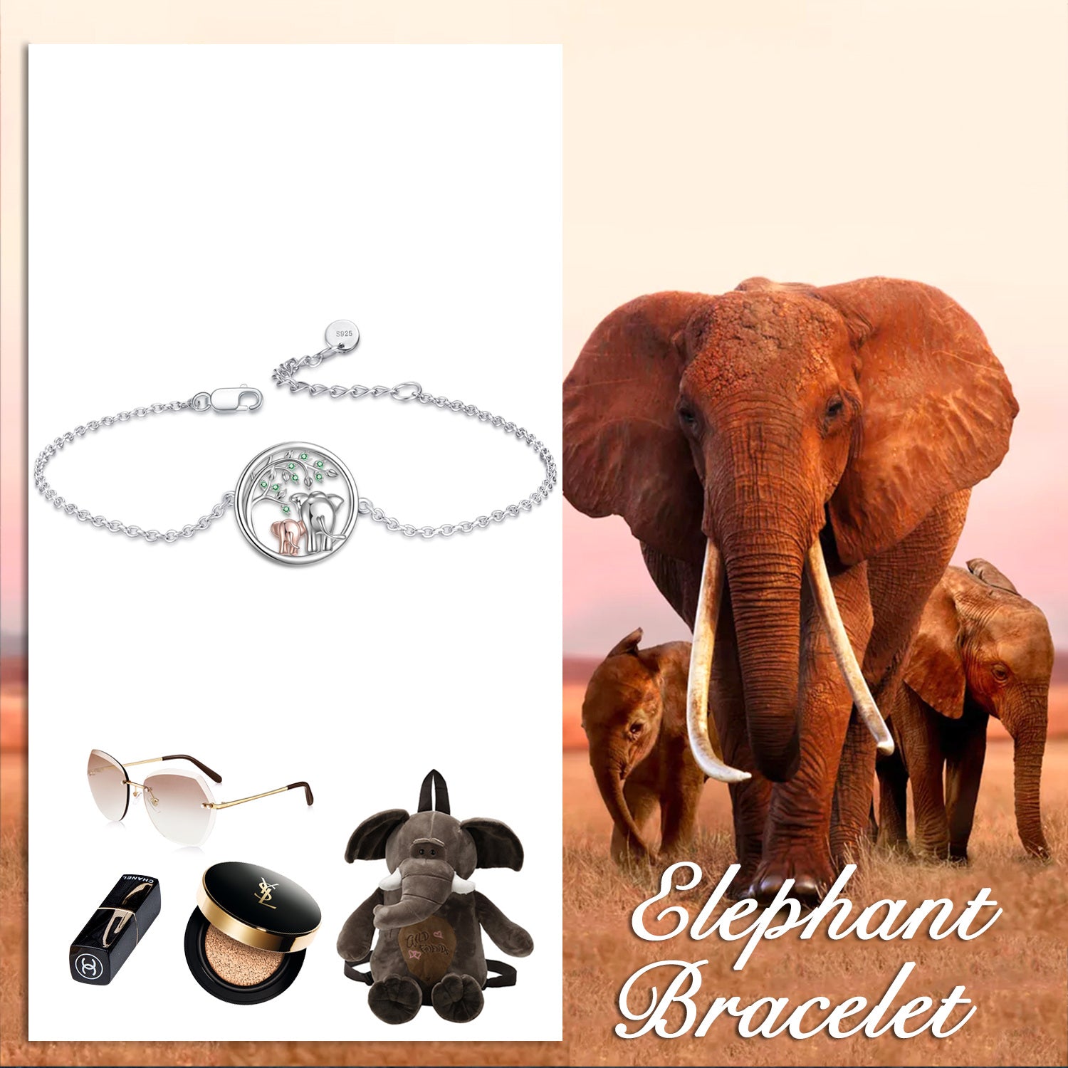 Sterling Silver Two-tone Zircon Elephant Charm Bracelet