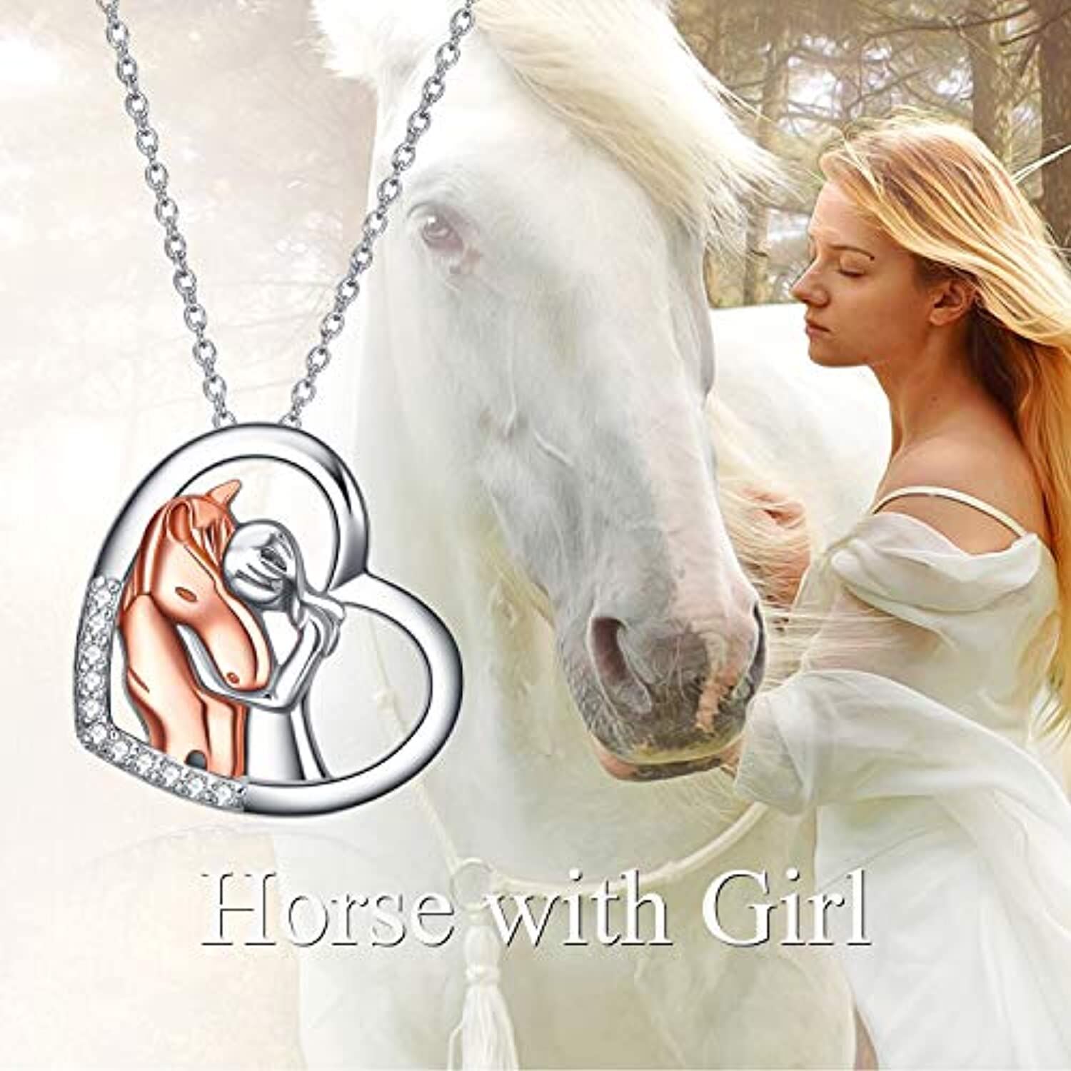 Sterling Silver Two-tone Zircon Horse & Heart Pendant Necklace