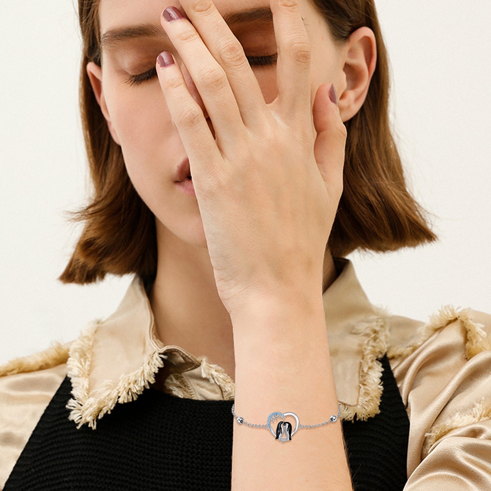 Sterling Silver Two-tone Zircon Penguin & Heart Charm Bracelet