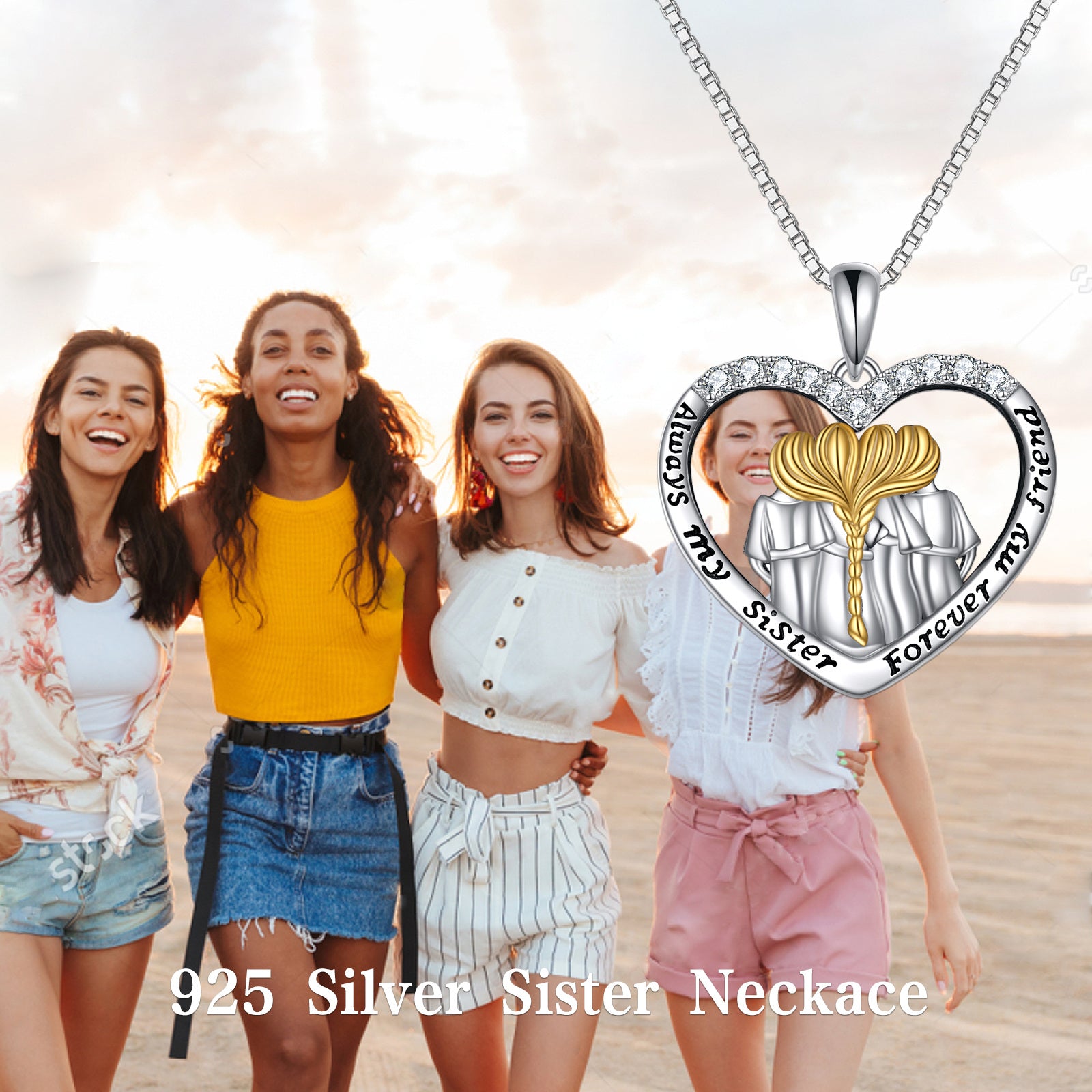 Sterling Silver Two-tone Zircon Sisters & Heart Pendant Necklace