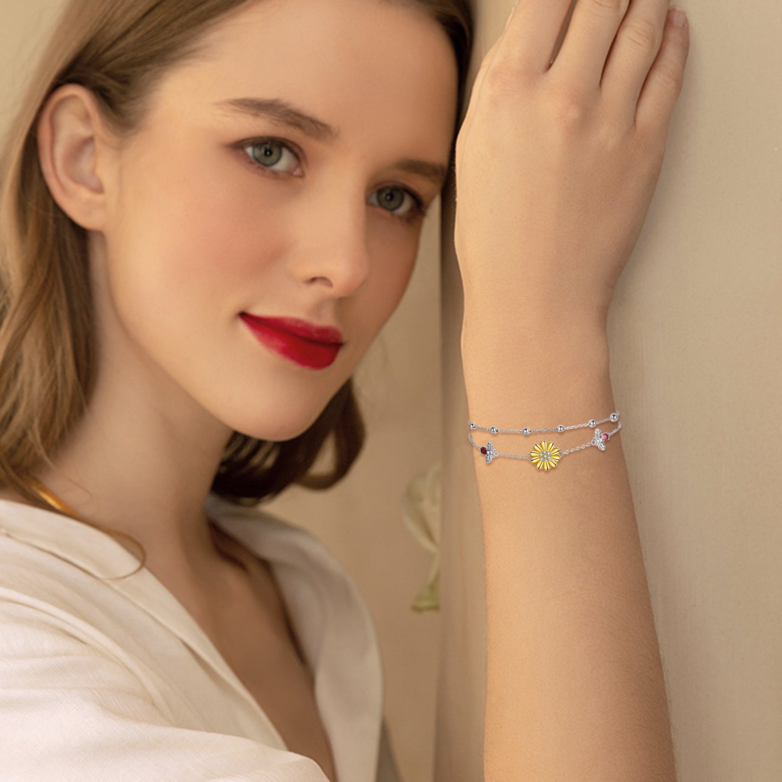 Sterling Silver Two-tone Zircon Sunflower Charm Bracelet