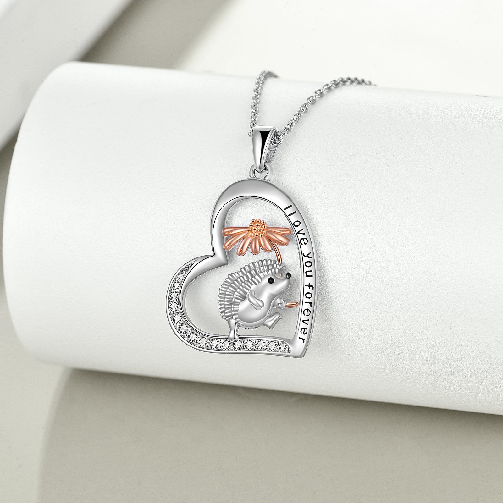 Sterling Silver Two-toneCubic Zirconia Hedgehog & Diasy Heart Pendant Necklace
