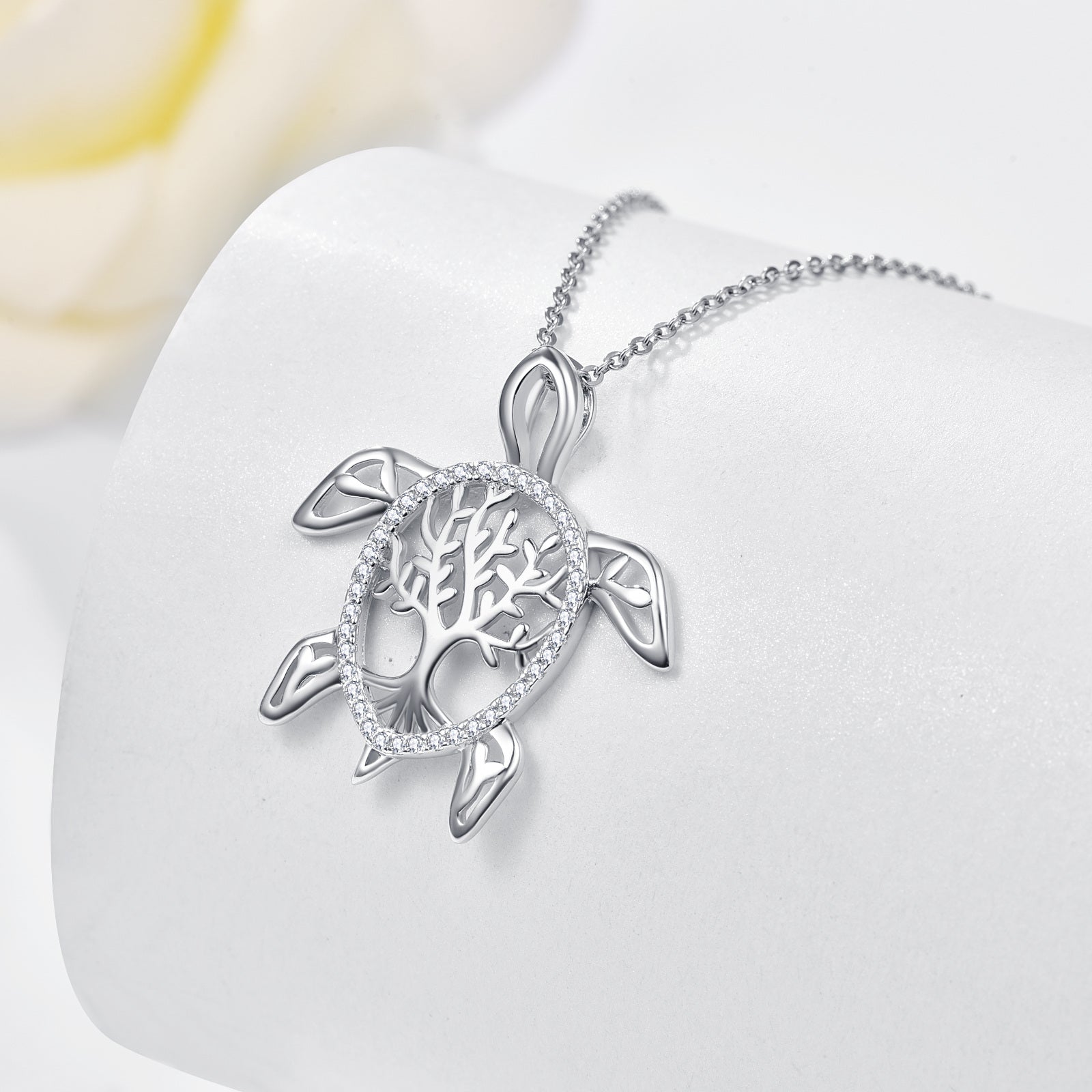 Sterling Silver Cubic Zirconia Tortoise & Tree Of Life Pendant Necklace