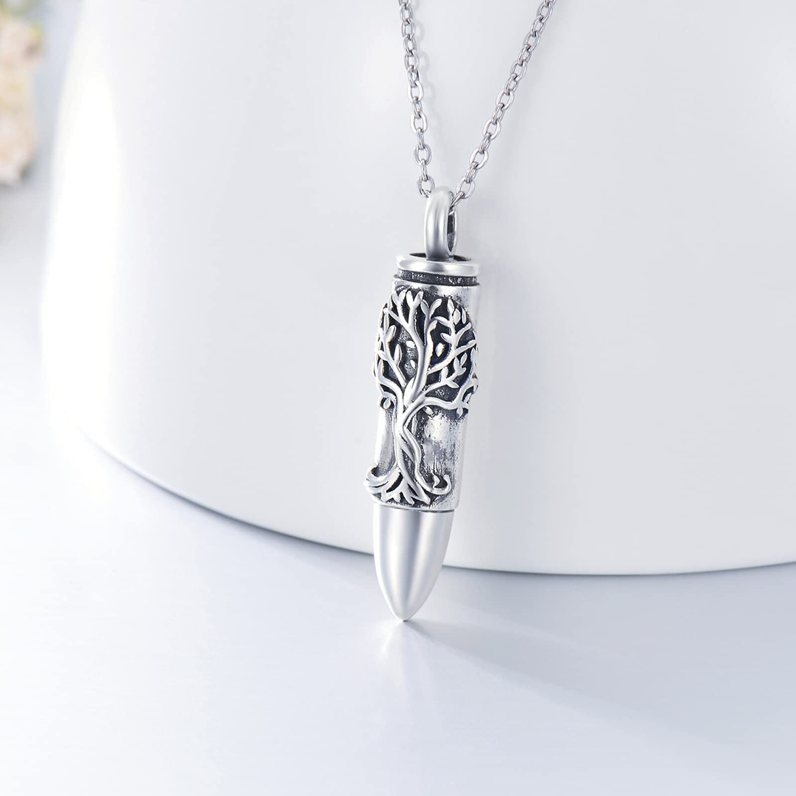 Sterling Silver Tree Of Life Bullet Shaped Urn Necklace for Ashes