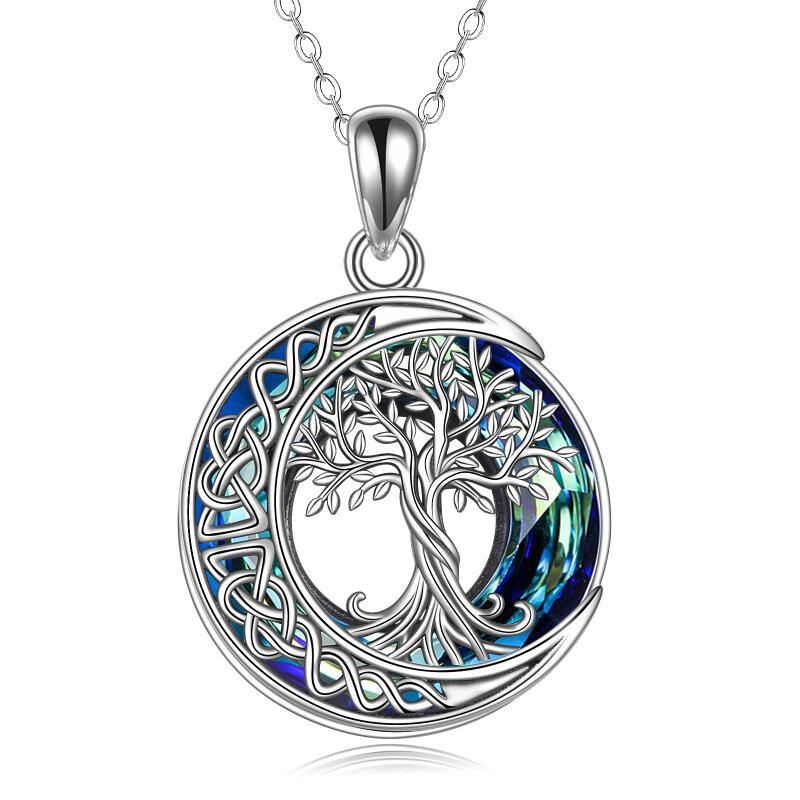 Sterling Silver Tree Of Life Celtic Knot & Moon Circle Crystal Pendant Necklace