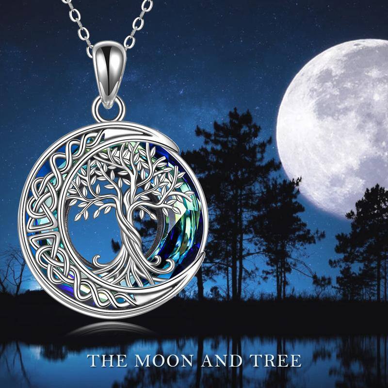 Sterling Silver Tree Of Life Celtic Knot & Moon Circle Crystal Pendant Necklace