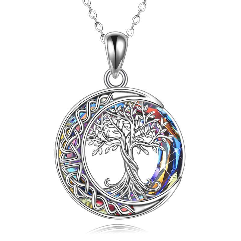 Sterling Silver Tree Of Life Celtic Knot & Moon Crystal Pendant Necklace