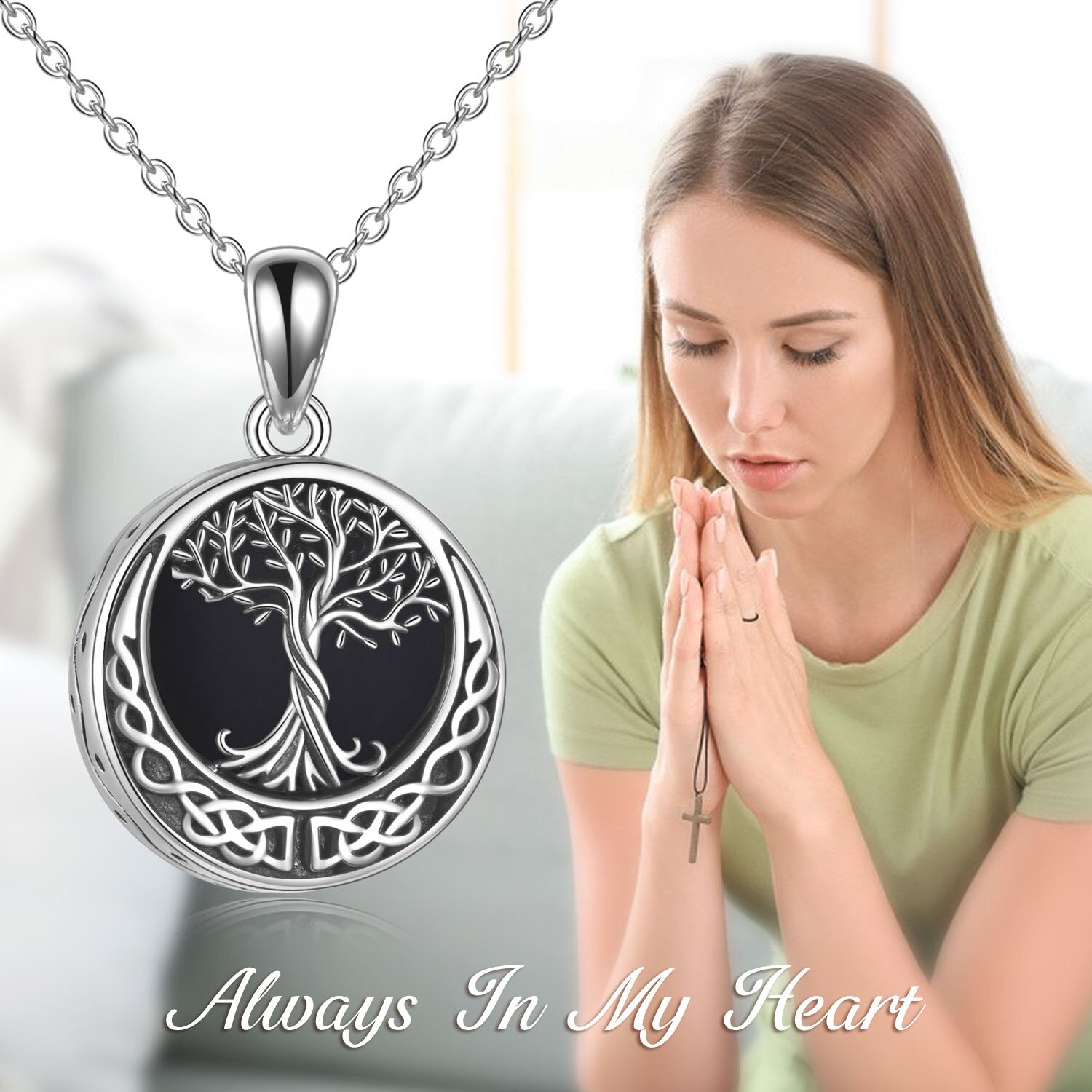 Sterling Silver Tree Of Life & Celtic Knot Urn Necklace for Ashes with Engraved Word