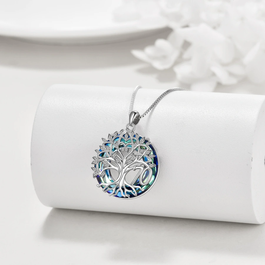 Sterling Silver Tree Of Life & Circle Crystal Pendant Necklace for Women Men
