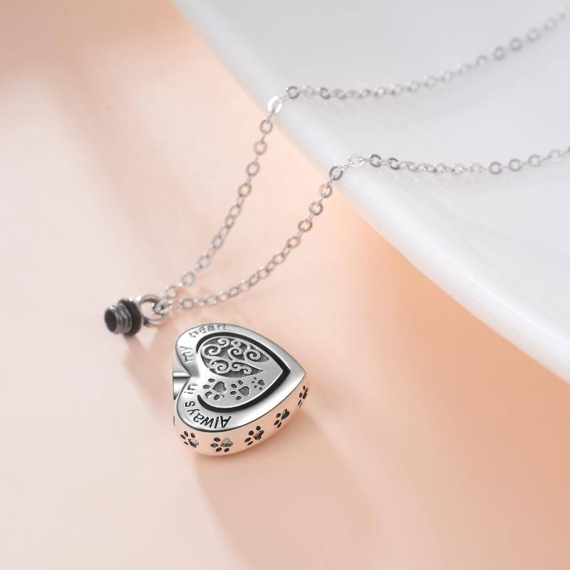 Sterling Silver Tree of Life Paw & Heart Urn Necklace for Ashes with Engraved Word