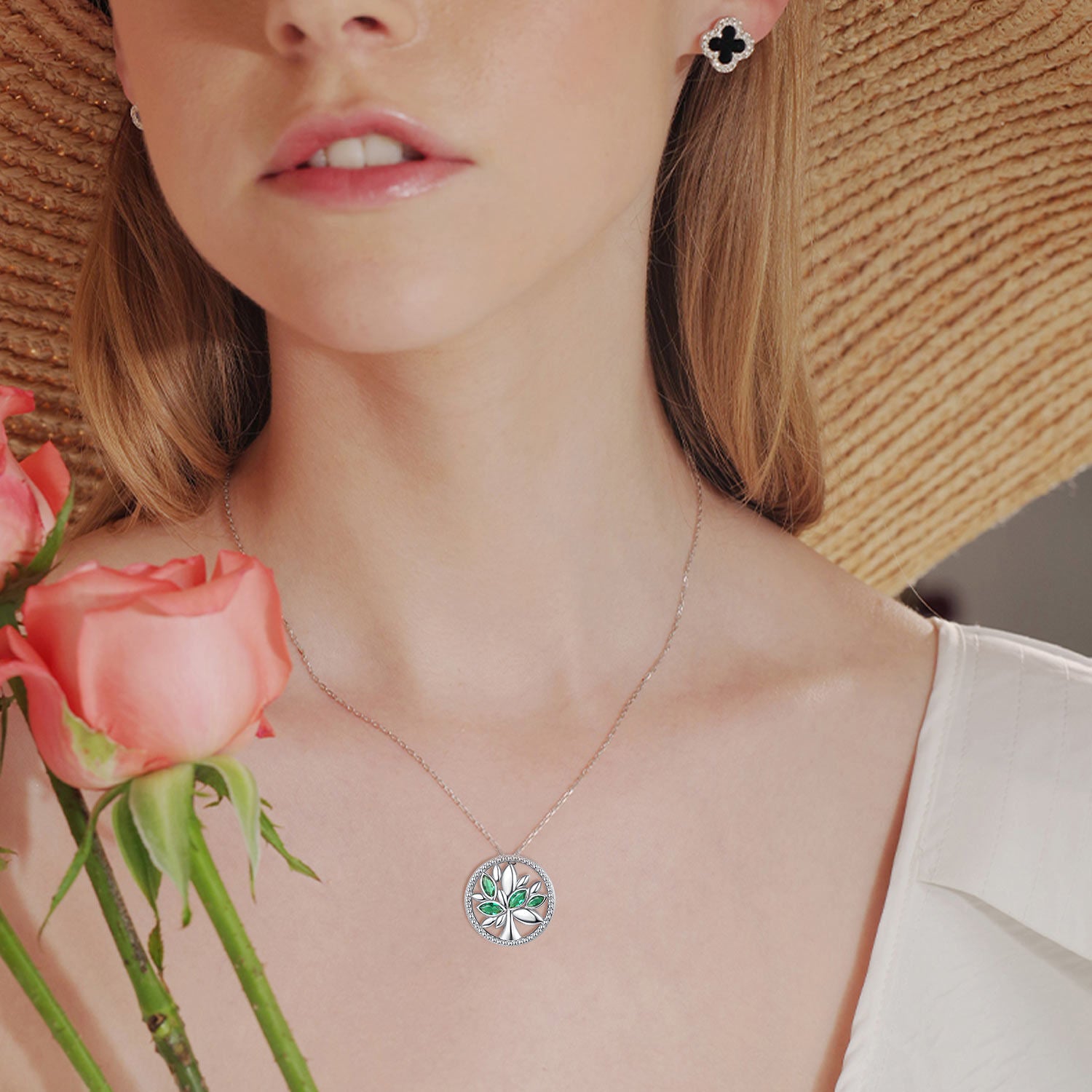 Sterling Silver Green Cubic Zirconia Tree Of Life Necklace for Women