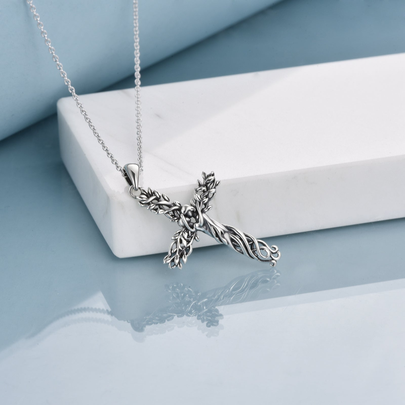 Sterling Silver Tree Of Life Sisters & Cross Pendant Necklace