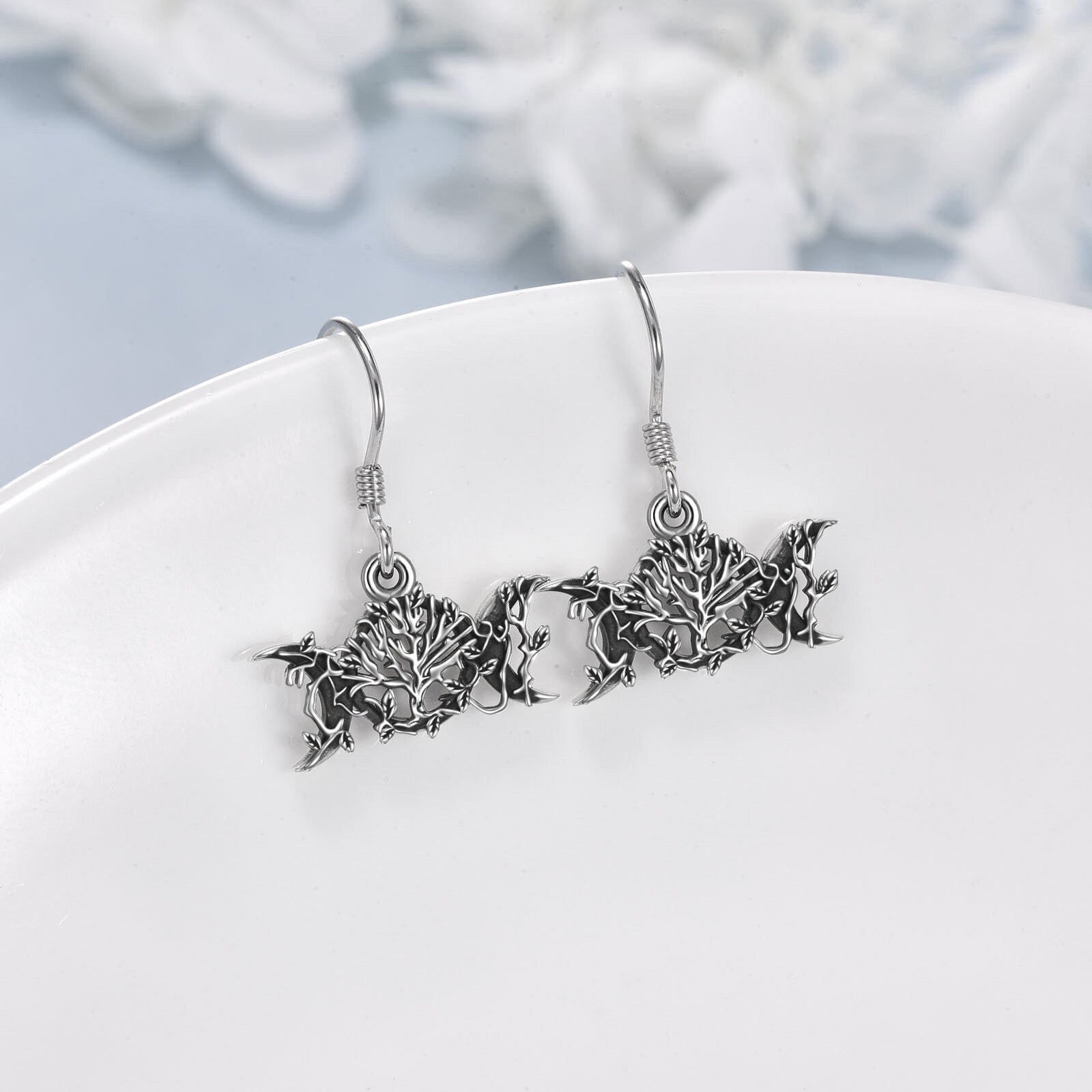 Sterling Silver Tree Of Life & Triple Moon Goddess Drop Earrings