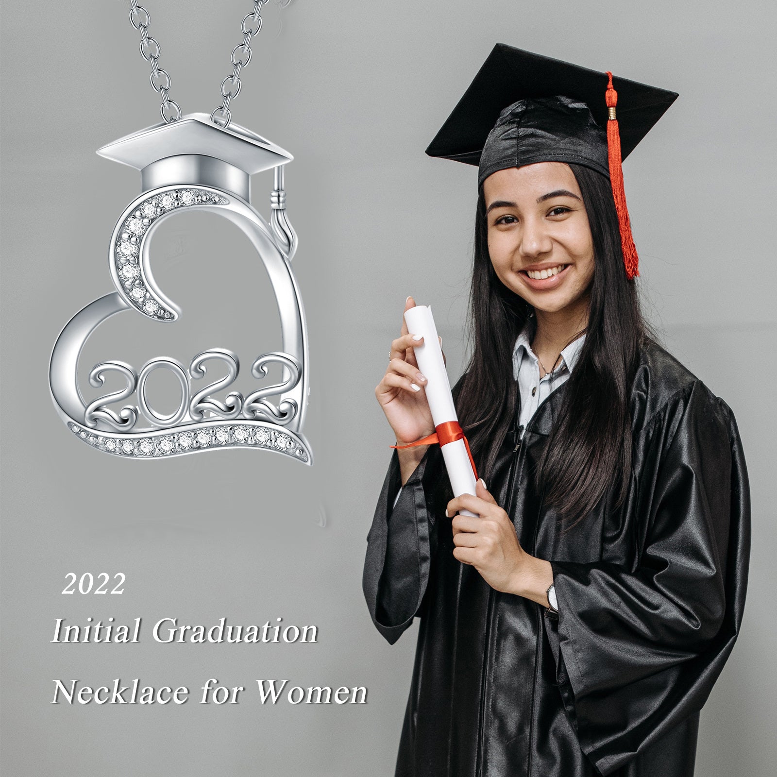 Sterling Silver Cubic Zirconia Trencher Cap & Heart Personalized Classic Name Pendant Necklace for Graduation