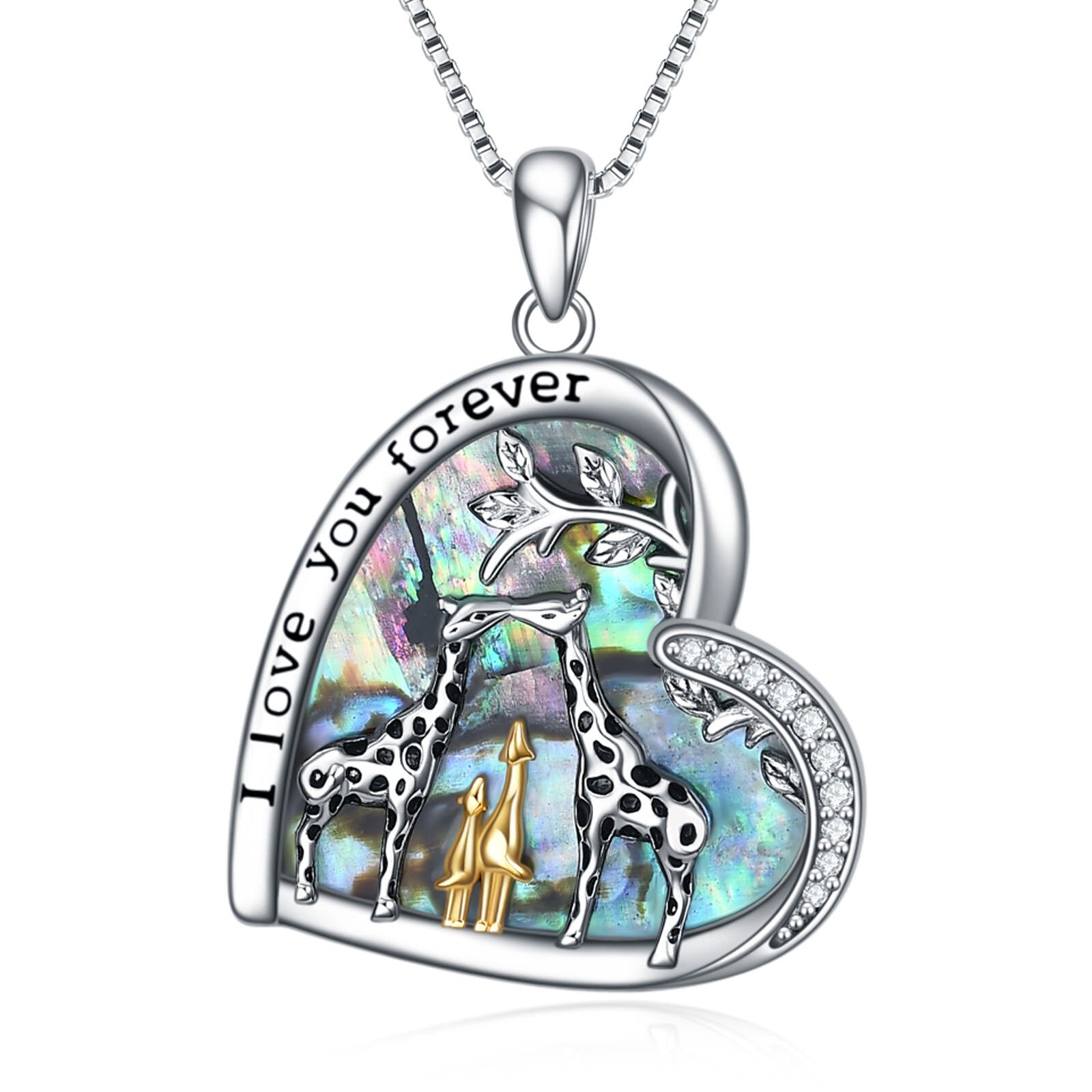Sterling Silver Tri-tone Abalone Shellfish Giraffe & Heart Pendant Necklace with Engraved Word