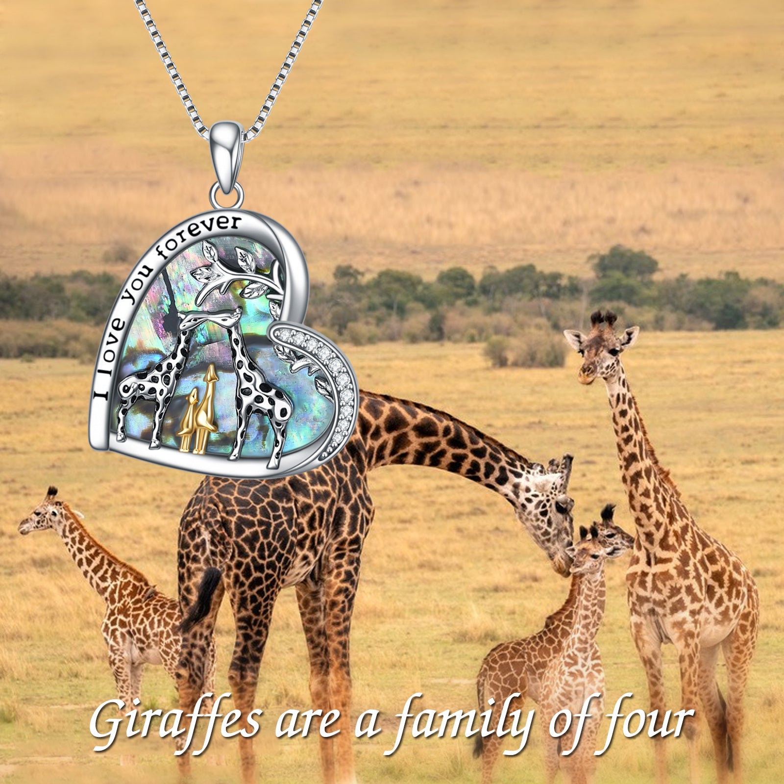 Sterling Silver Tri-tone Abalone Shellfish Giraffe & Heart Pendant Necklace with Engraved Word