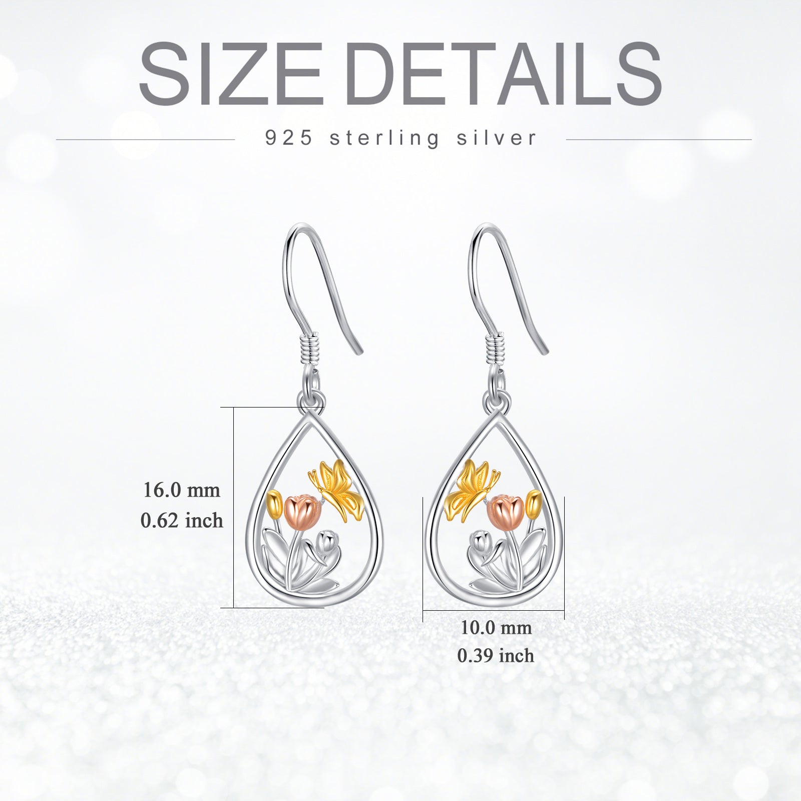 Sterling Silver Tri-tone Butterfly Drop Earrings