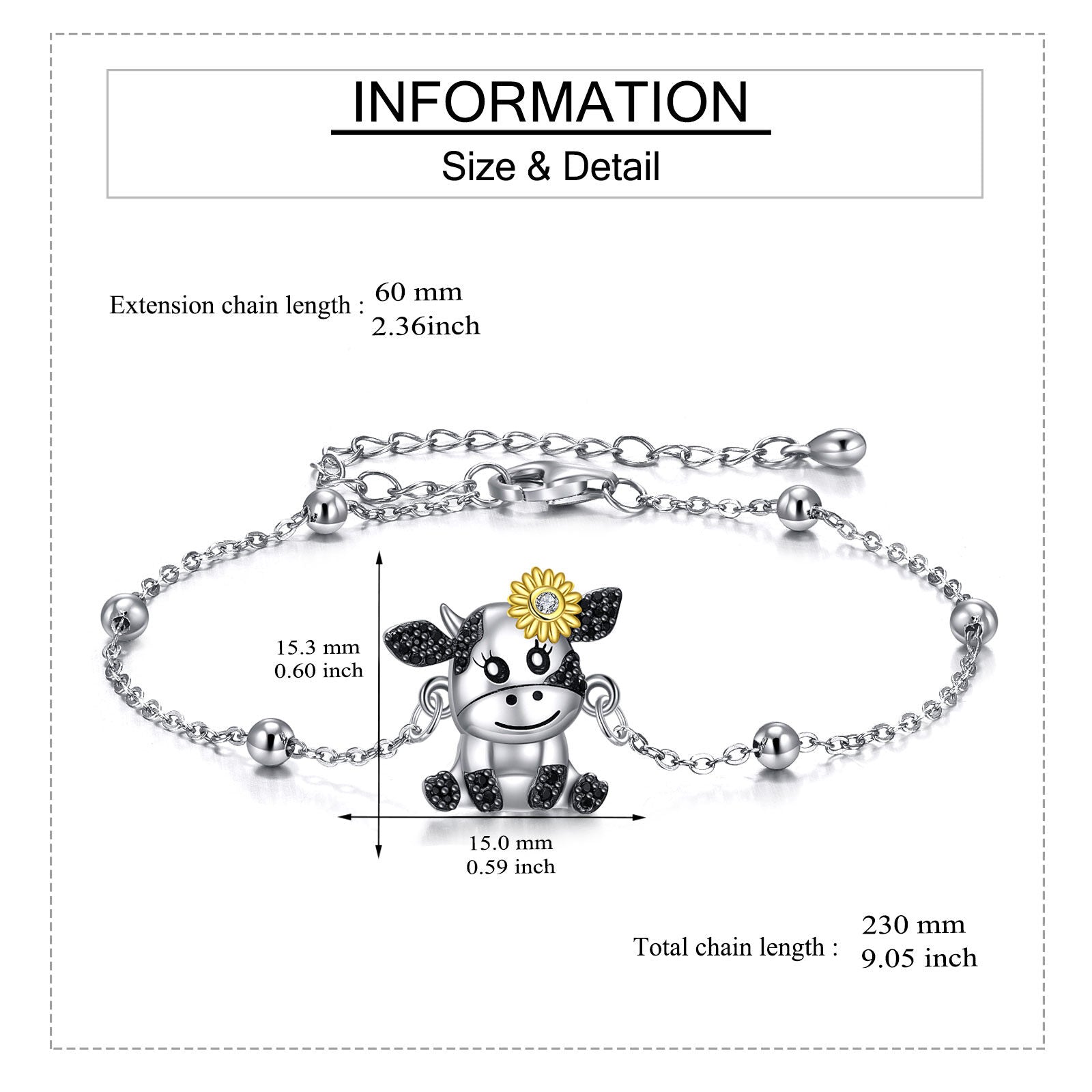 Sterling Silver Tri-tone Circular Shaped Cubic Zirconia Cow & Sunflower Charm Bracelet