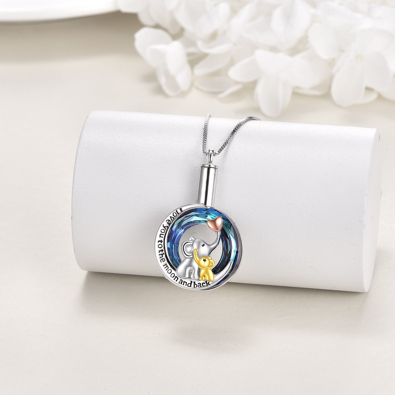 Sterling Silver Tri-tone Circular Shaped Crystal Elephant & Moon Urn Necklace for Ashes with Engraved Word