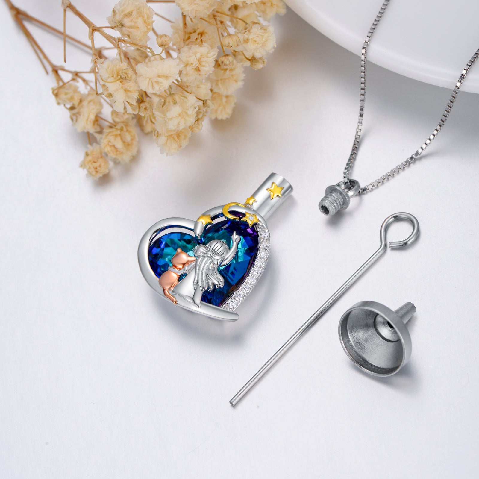 Sterling Silver Tri-Tone Heart Crystal Cat & Moon With Star Urn Necklace For Ashes For Women Best Friends