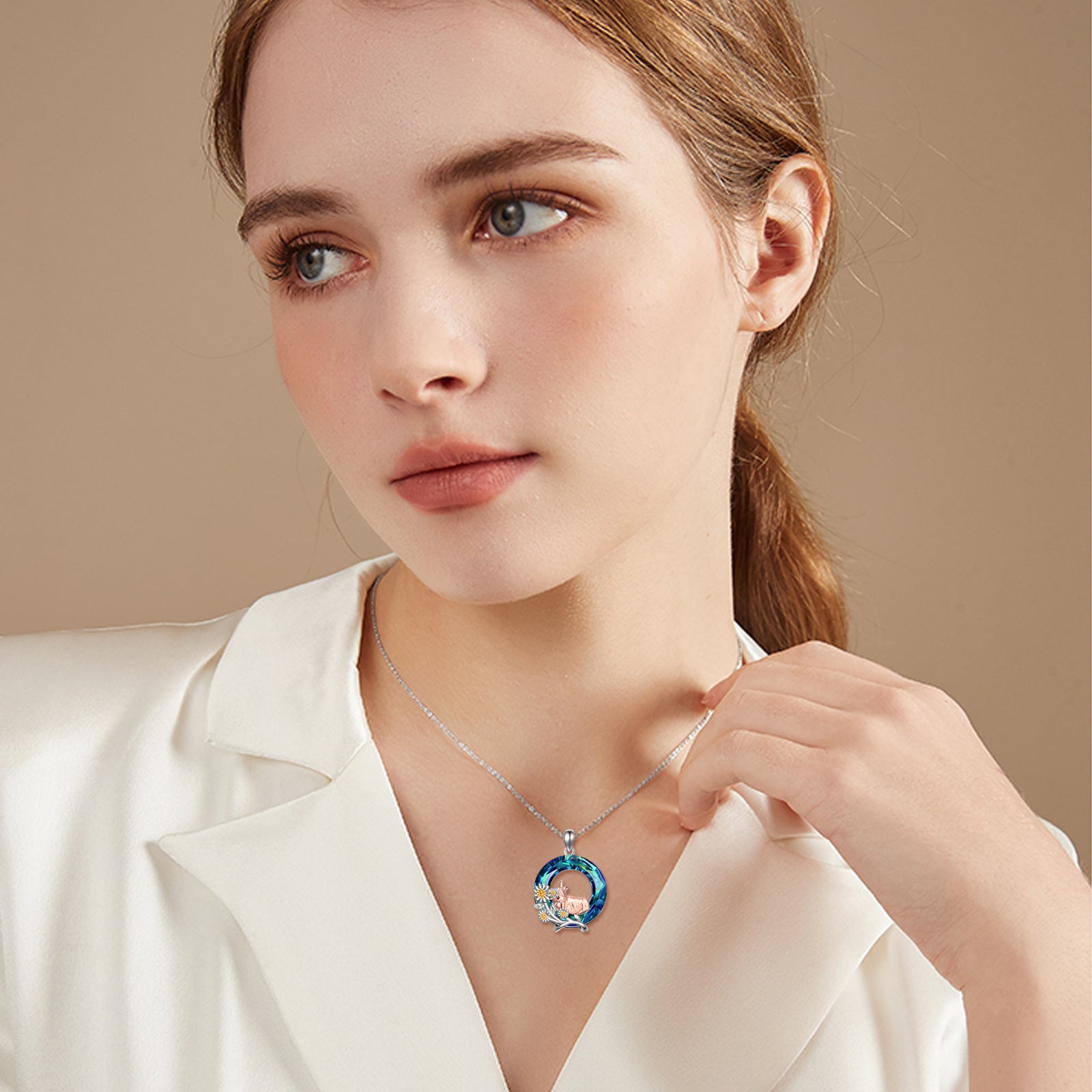 Sterling Silver Tri-tone Circular Shaped Highland Cow & Daisy Crystal Pendant Necklace