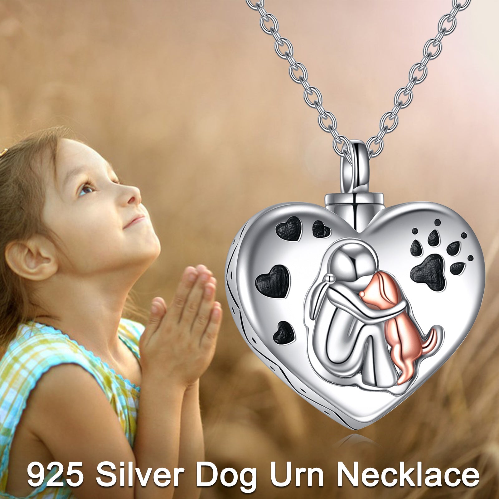 Sterling Silver Two-Tone Heart & Dog With Footprintsurn Necklace For Ashes