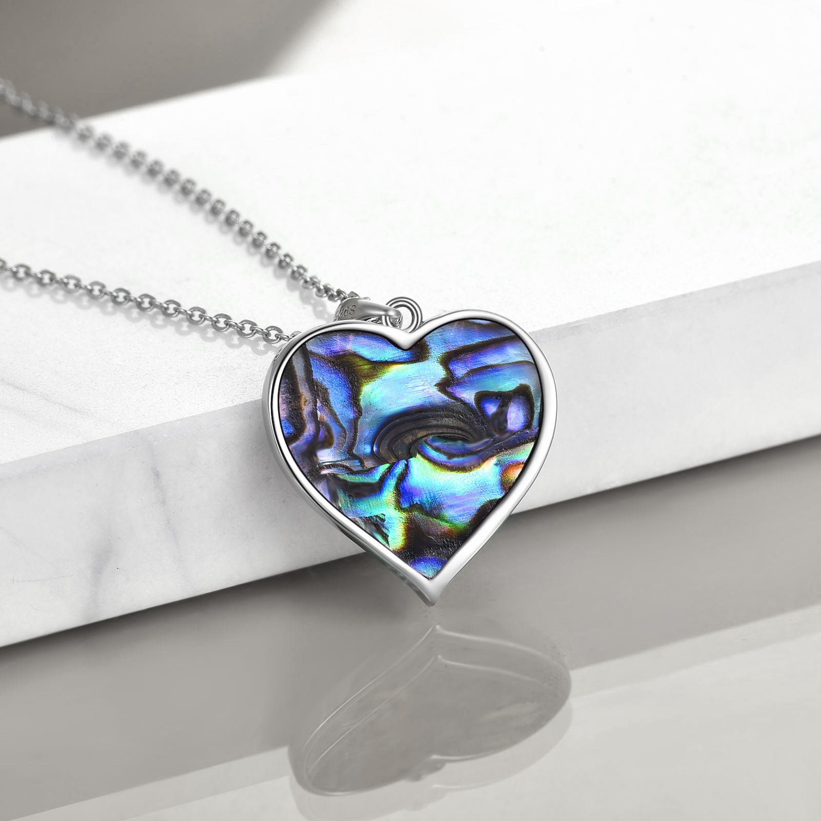 Sterling Silver Tri-Tone Heart Abalone Shellfish Cat Pendant Necklace For Women