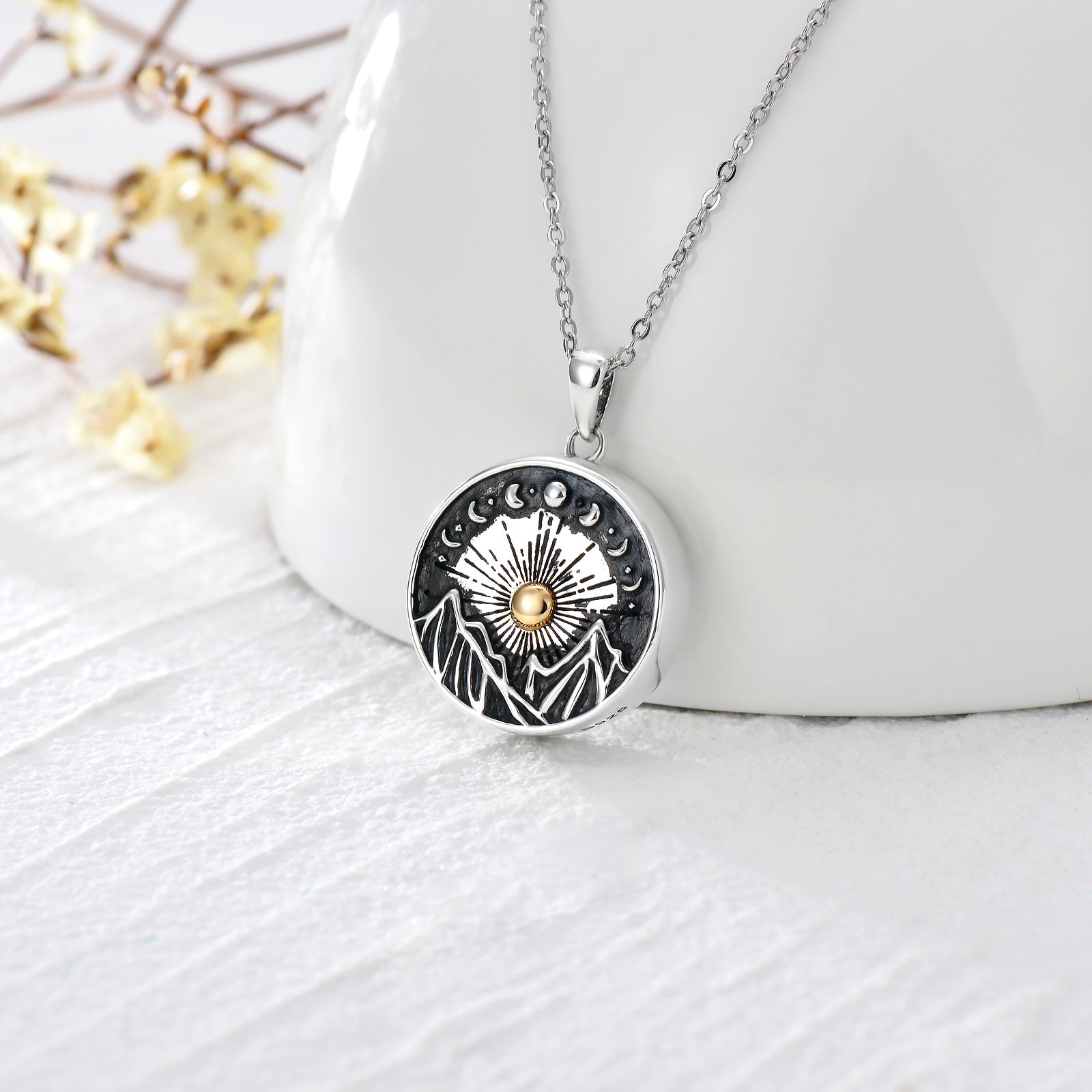 Sterling Silver Tri-tone Moon & Mountains Urn Necklace for Ashes