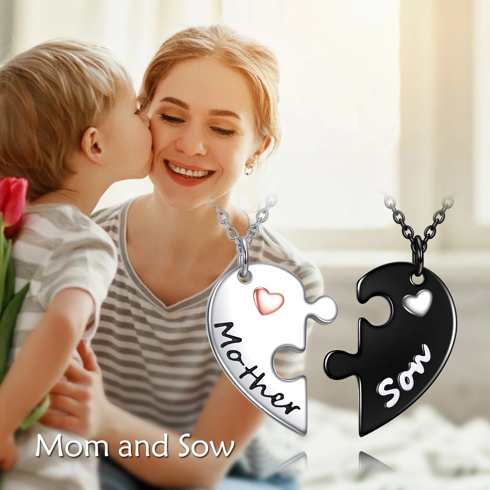 Sterling Silver Tri-tone Mother & Heart Pendant Necklace with Engraved Word