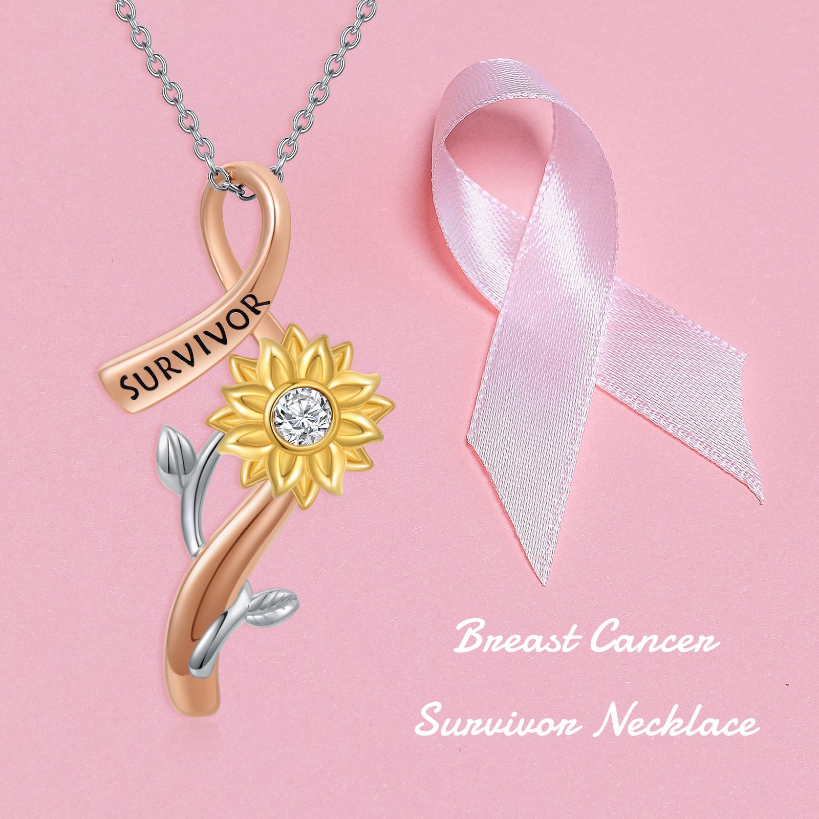 Sterling Silver Tri-tone Round Crystal Sunflower & Breast Cancer Pendant Necklace