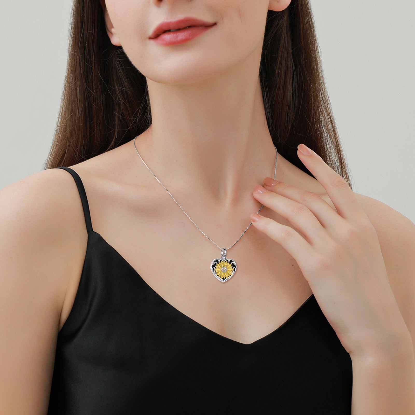 Sterling Silver Tri-tone Round Zircon Sunflower & Heart Urn Necklace for Ashes