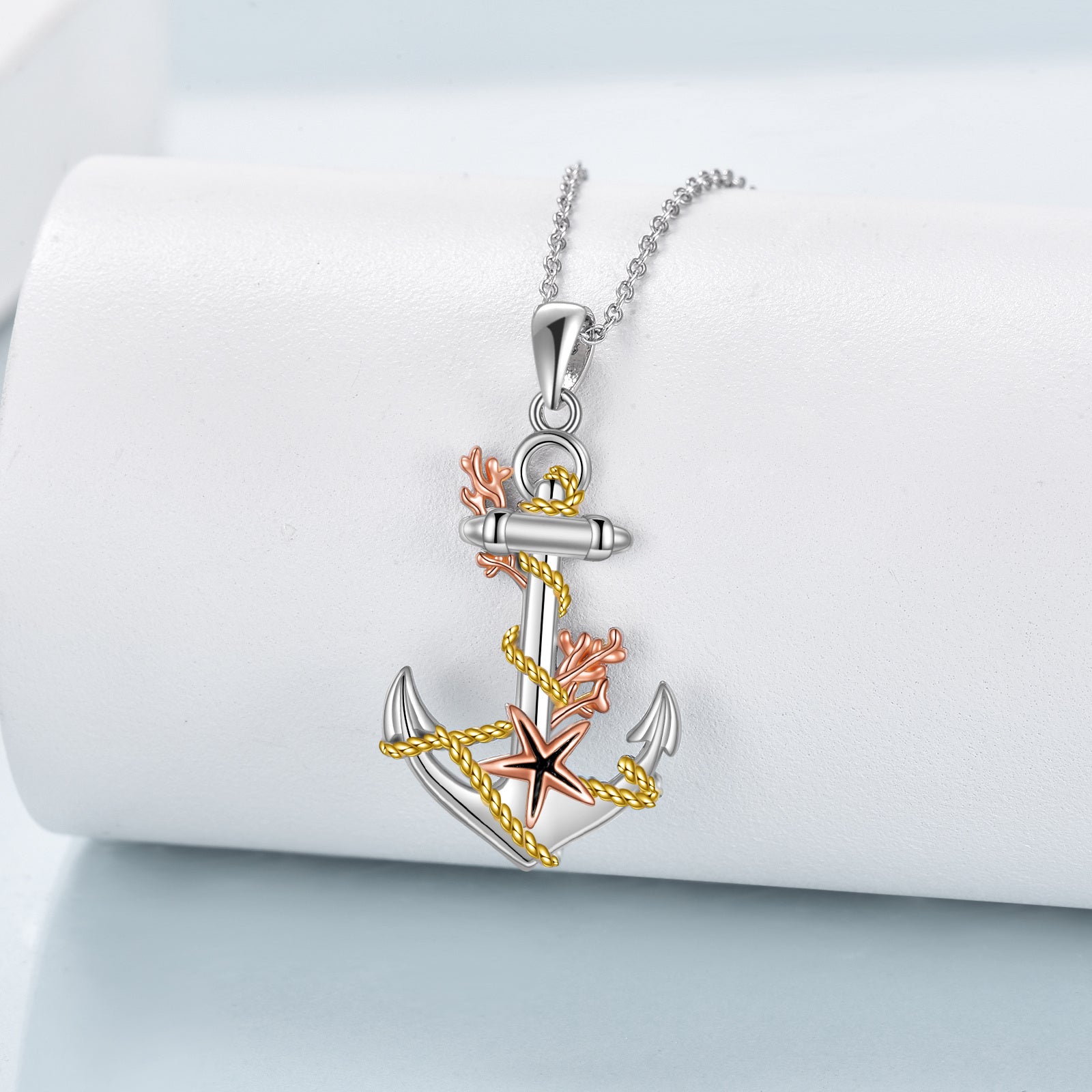 Sterling Silver Tri-tone Starfish & Anchor Pendant Necklace