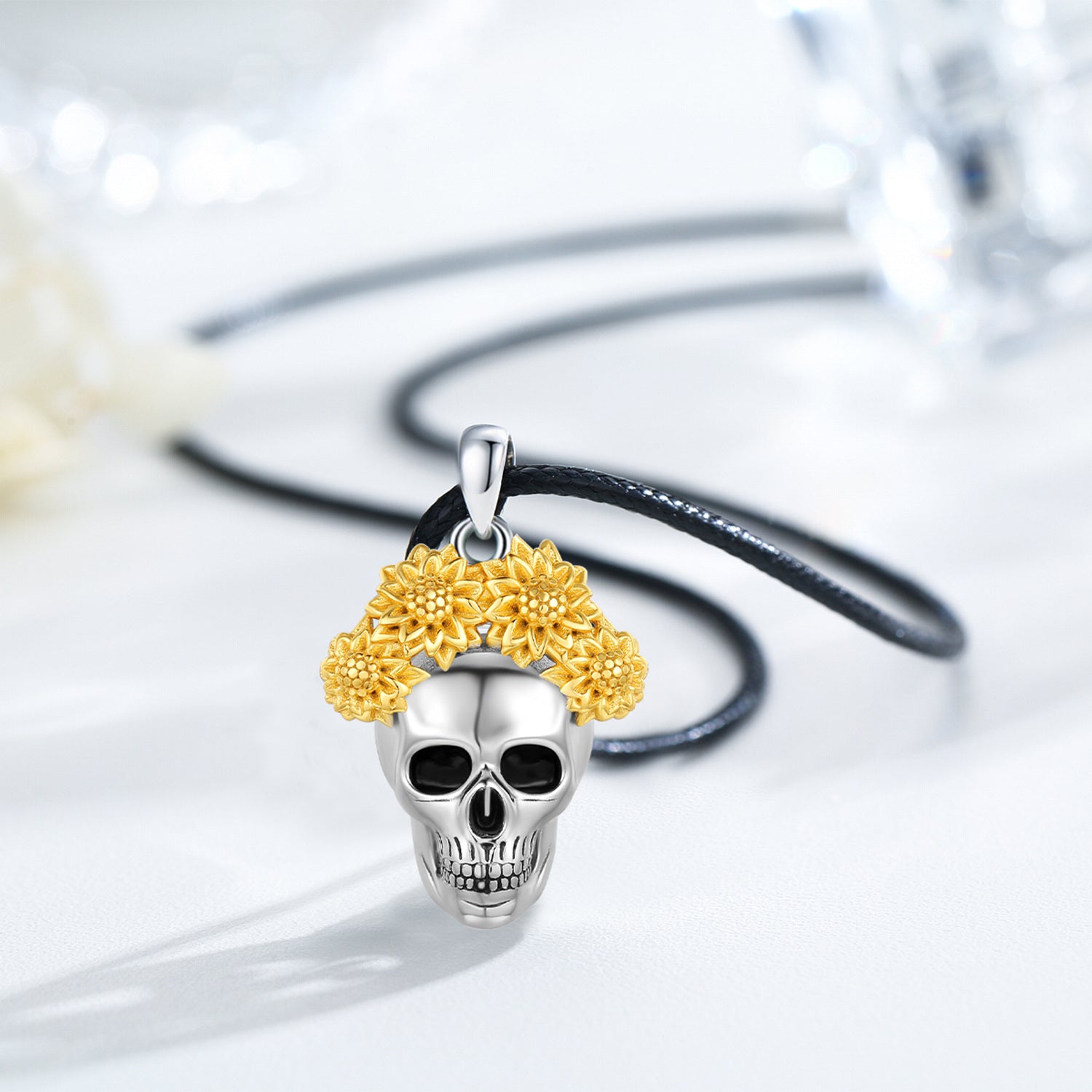Sterling Silver Tri-tone Sunflower & Skull Pendant Necklace